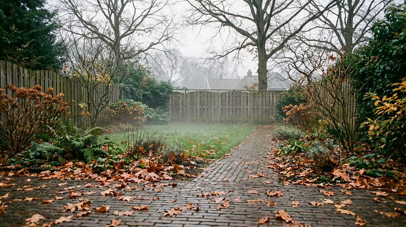 Achtertuin met nevel boven het gazon, borders langs een klinkerpad vol gevallen blad, en een houten schutting met buurdaken erachter.
