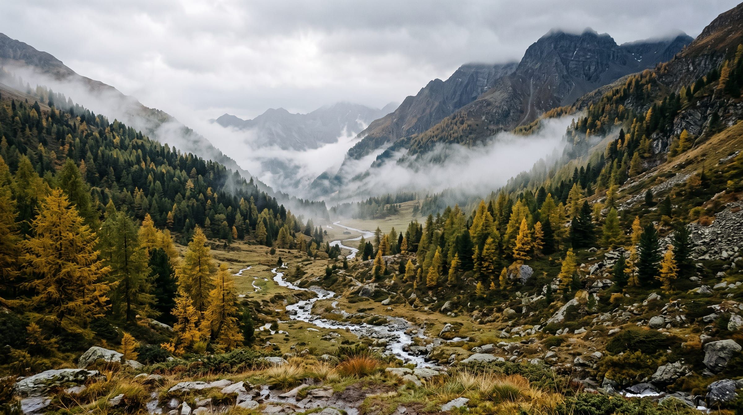 Een mistige alpenvallei in het najaar: verspreide gouden larixen tussen groenblijvende naaldbomen, een rotsbeek die door het dal omlaag loopt en wolken die over de donkere bergkam trekken.