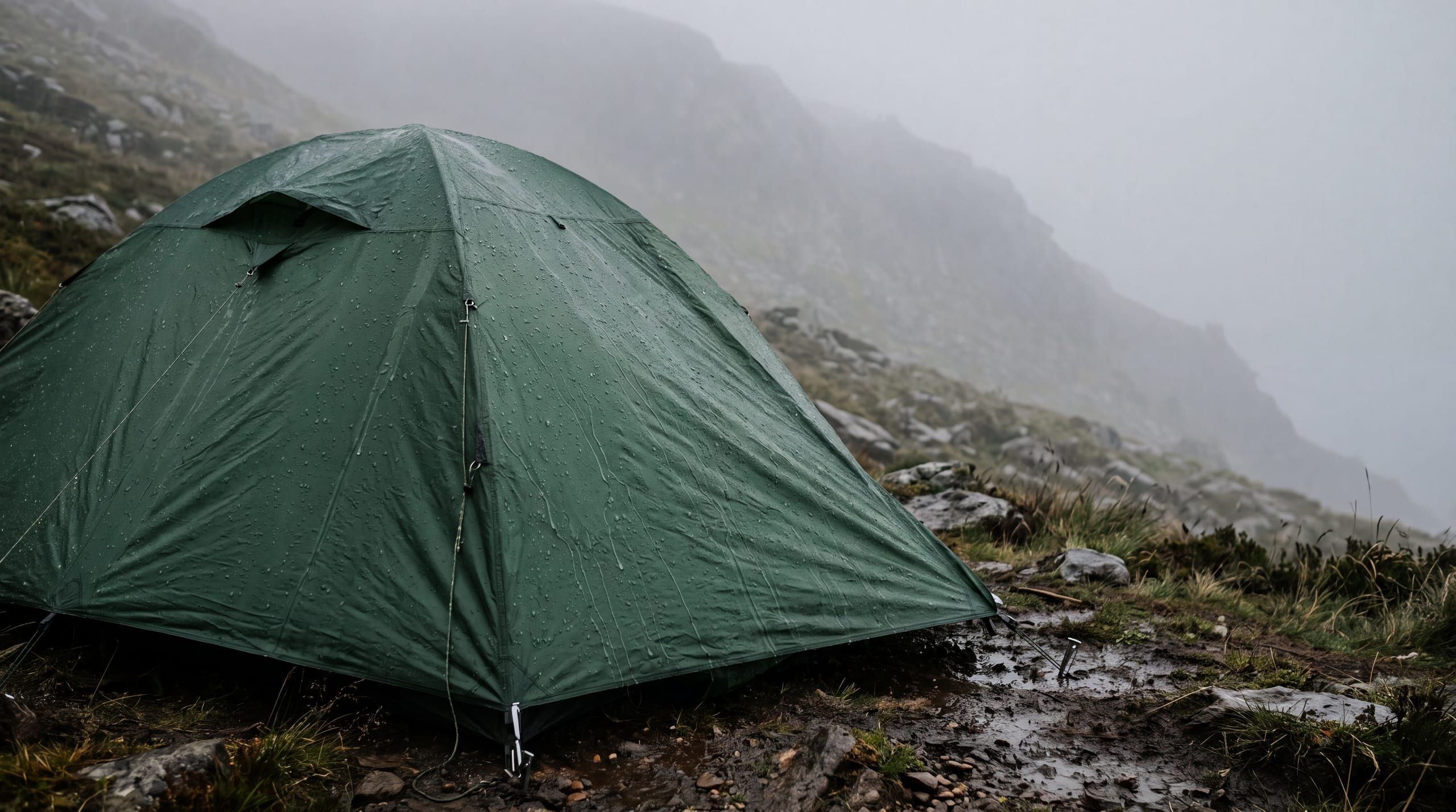 Een doorweekte tent op een berghelling in de regen, met waterdruppels op het strakke doek en mist die de helling erachter opslokt.
