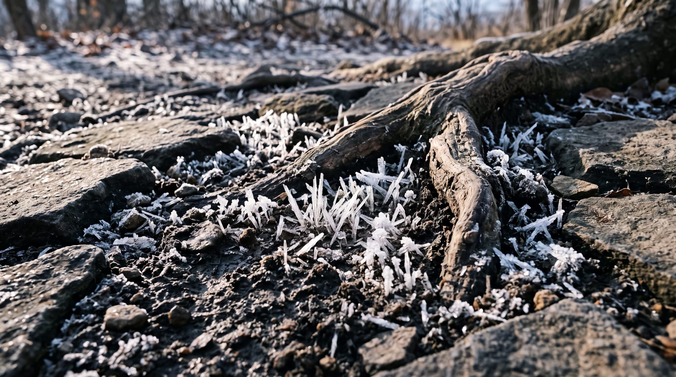 Naaldijs en rijpkristallen die omhoogkomen uit donkere grond tussen koude stenen en een blootliggende wortel, in laag winterlicht.