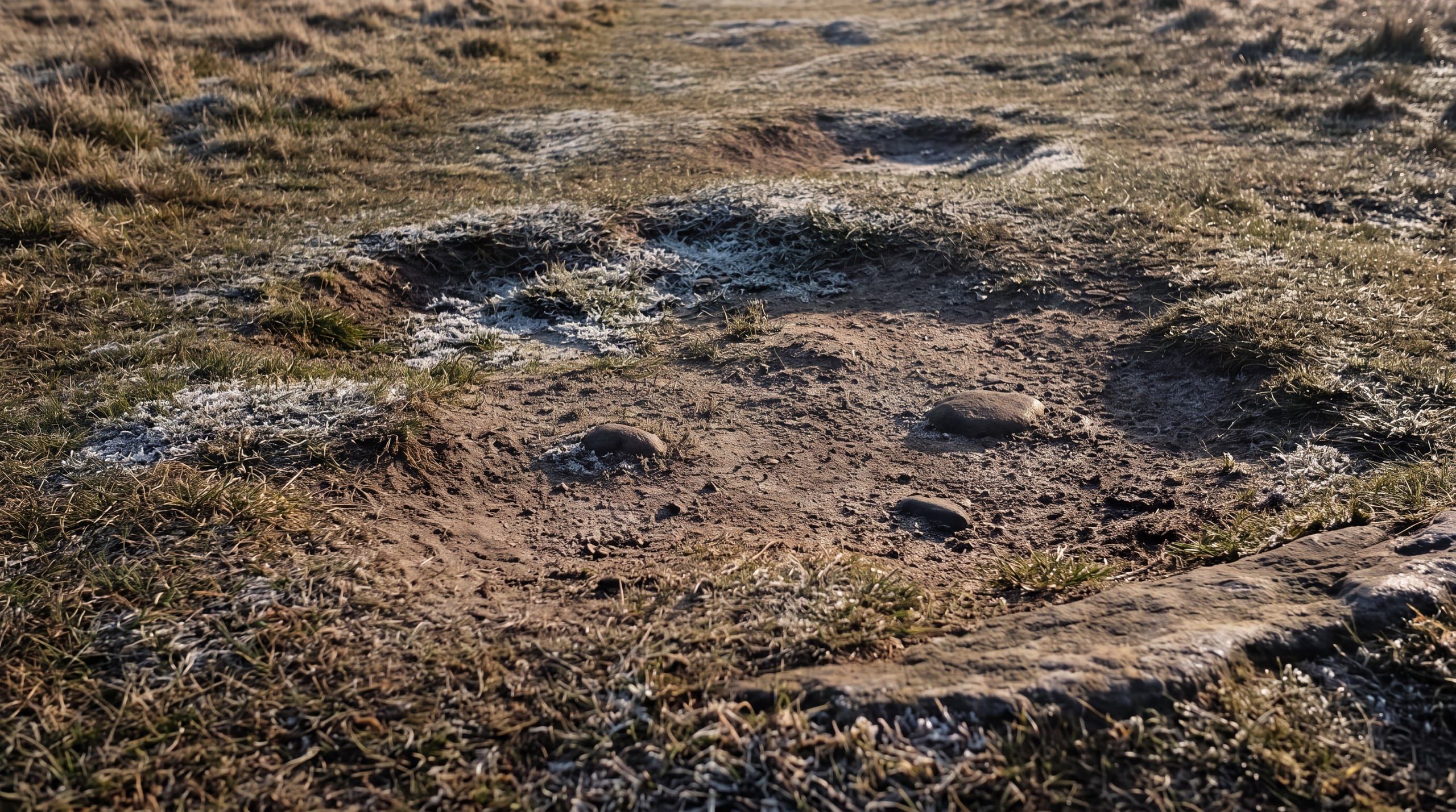 Een vlakke plek koude grond van dichtbij: kortgevreten gras, kale aarde met een paar ingebedde stenen, en rijp die nog in de kuiltjes ligt.