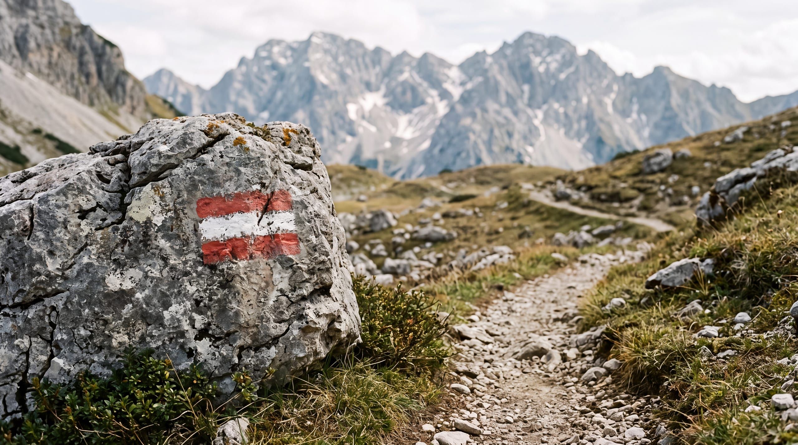 Een rood-wit-rood geverfd Oostenrijks wegmerkteken op een grijze kalkrots langs een stenig bergpad, met kalkpieken zacht wazig op de achtergrond.
